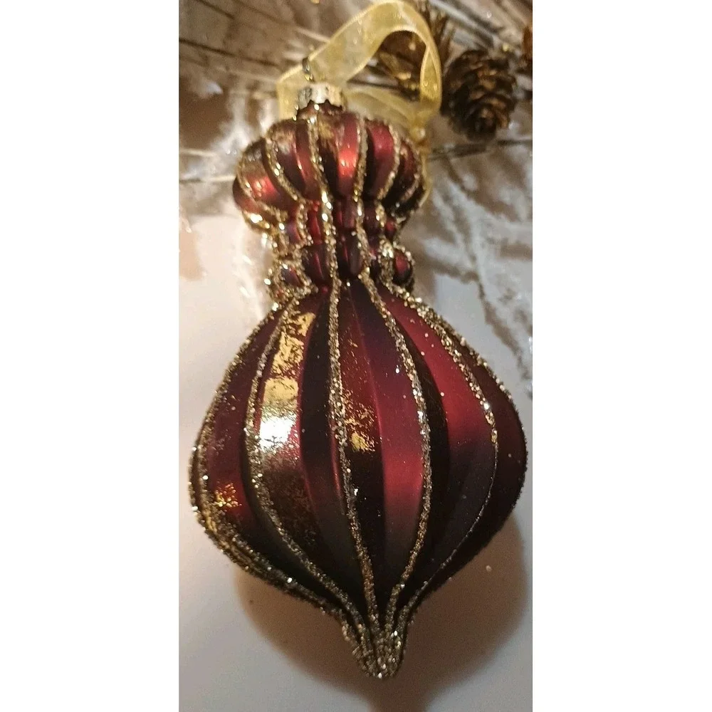 Pair Of Frontgate Striped‎ Glass Ornaments Glitter Maroon & Gold Finial Shape